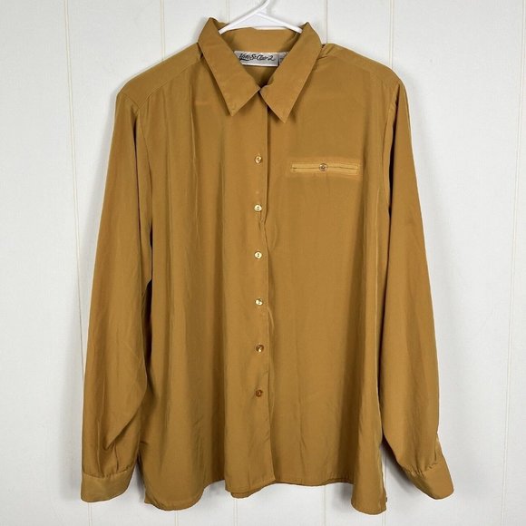Yves St Clair 2 Women Blouse Top 18W Mustard Yellow Vintage Shoulder Pads Button - Picture 1 of 4